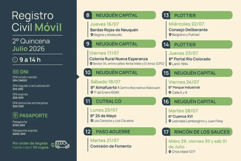 El Registro Civil Móvil recorrerá Neuquén, Plottier, Rincón de los Sauces, Cutral Có y Paso Aguerre